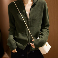 Wool zip-up cardigan for women by Christine Brewer, featuring a classic jean-inspired design with a front zipper and cozy fit.