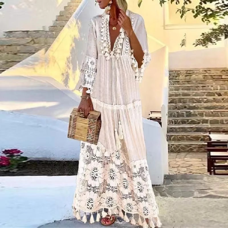 Winnie | Maxi Dress Women Floral Embroidered Lace Up V-Neck Boho White Half Sleeve Tiered