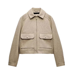 Women's Isla cropped zip-up utility jacket by Christine Brewer, featuring a stylish cropped design and functional zip-up front.