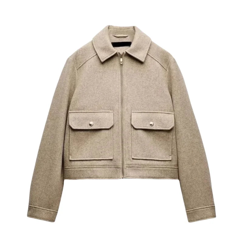 Women's Isla cropped zip-up utility jacket by Christine Brewer, featuring a stylish cropped design and functional zip-up front.