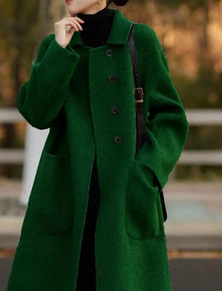 Green long wool coat for women, Lucy by Christine Brewer, shown in a stylish, cozy design with a tailored fit.