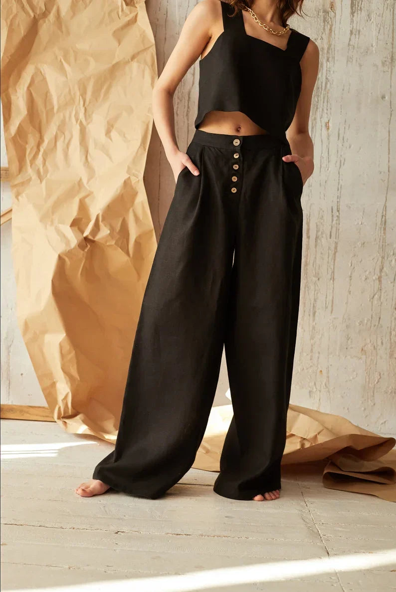 Women’s knit wide-leg elastic-waist trousers by Christine Brewer, loose pull-on pants in soft, comfortable fabric.