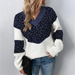 Christine Brewer Hailey women's V-neck leopard print sweater, cozy knit with stylish animal pattern, perfect for casual wear.