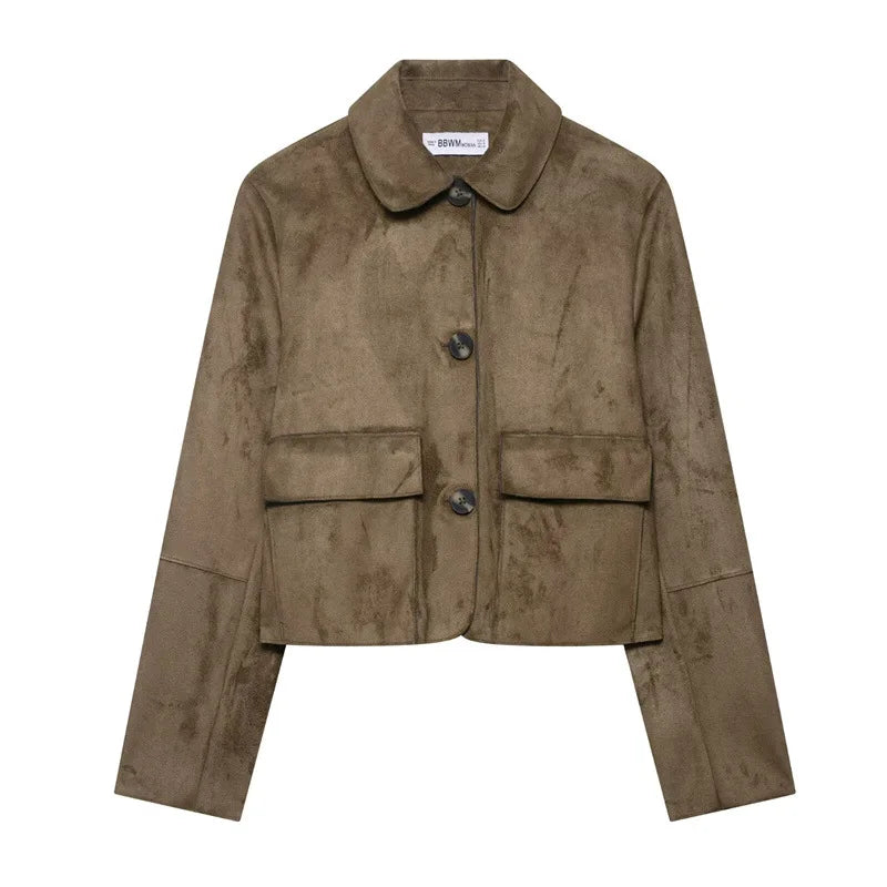 Faux suede Hazel cropped jacket for women by Christine Brewer, shown in a stylish, fitted design with long sleeves and a collar.