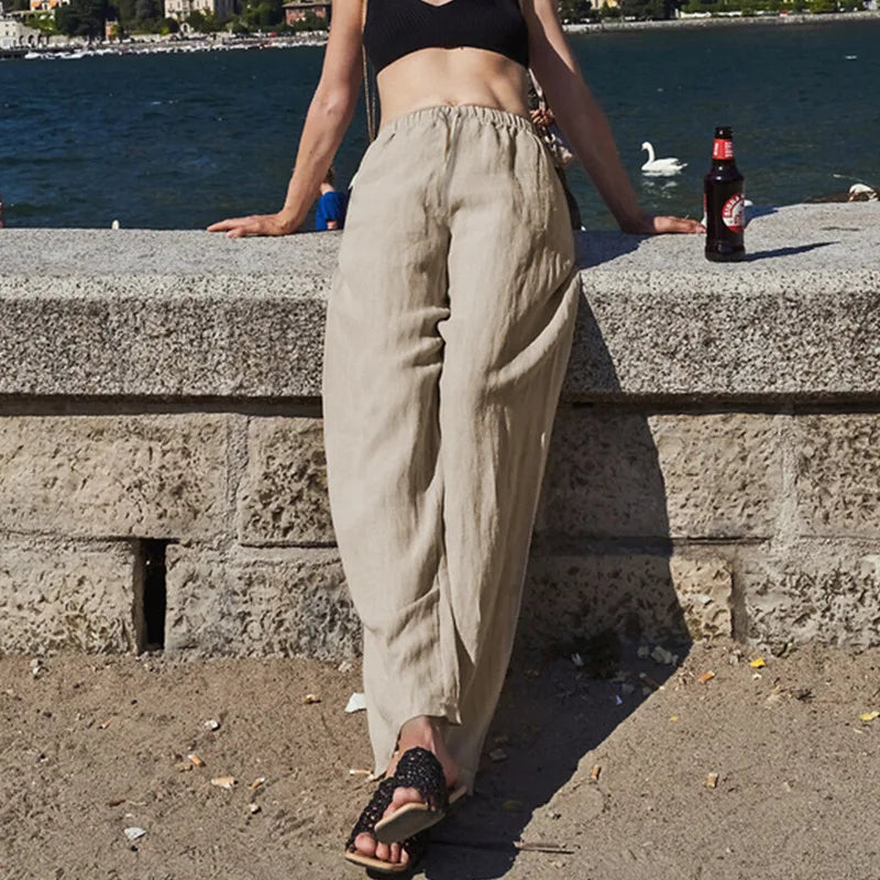 Women’s knit wide-leg drawstring trousers by Christine Brewer, loose pull-on pants with a relaxed fit and comfortable waistband.