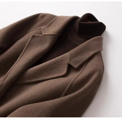 Brown double-breasted wool coat for women by Christine Brewer, featuring a tailored fit and classic design.