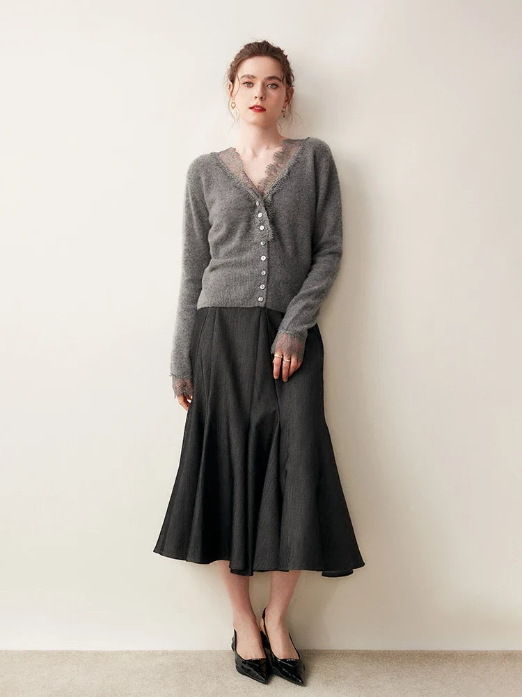 Elsa cashmere cardigan for women by Christine Brewer, soft beige knit with front buttons and long sleeves, cozy and stylish.