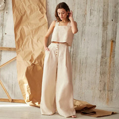 Women’s knit wide-leg elastic-waist trousers by Christine Brewer, loose pull-on pants with a relaxed fit and comfortable style.