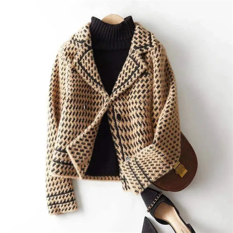 Isabella Christine Brewer cropped double-breasted knit cardigan for women, featuring a stylish button-up design in soft yarn.