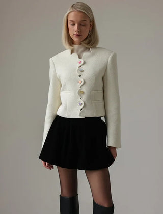 Everleigh cropped button-front women's jacket by Christine Brewer, showing a stylish, fitted design with front buttons and collar.