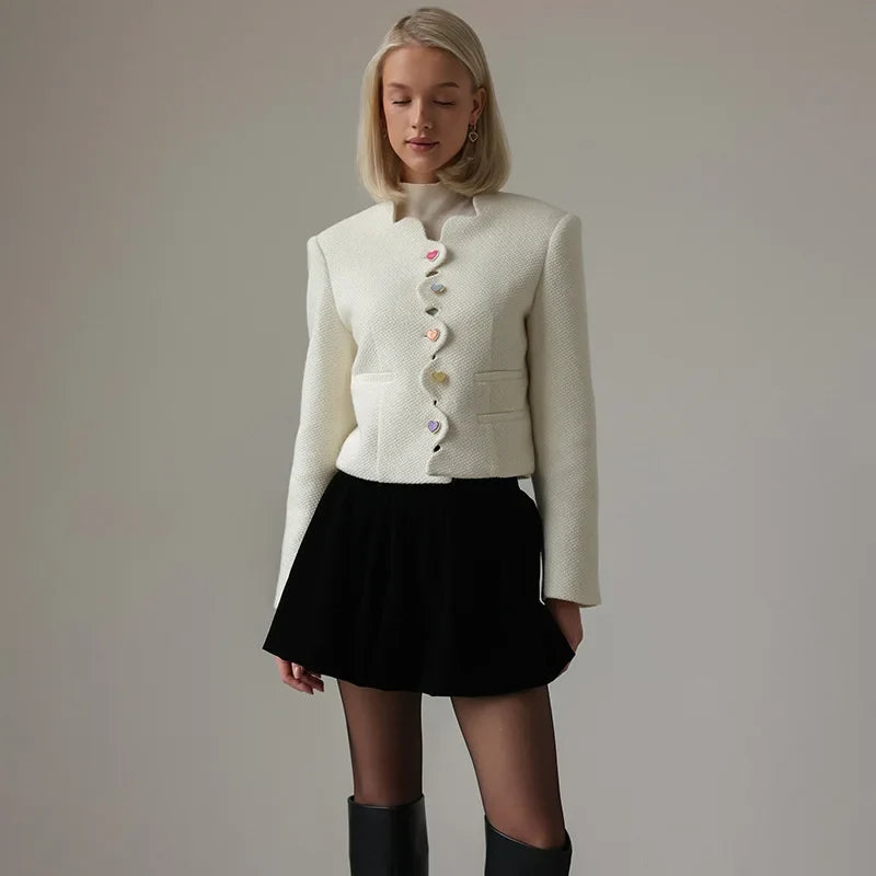 Everleigh cropped button-front women's jacket by Christine Brewer, showing a stylish, fitted design with front buttons and collar.