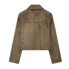 Hazel faux suede cropped jacket for women by Christine Brewer, shown in a stylish cropped fit with soft suede texture.
