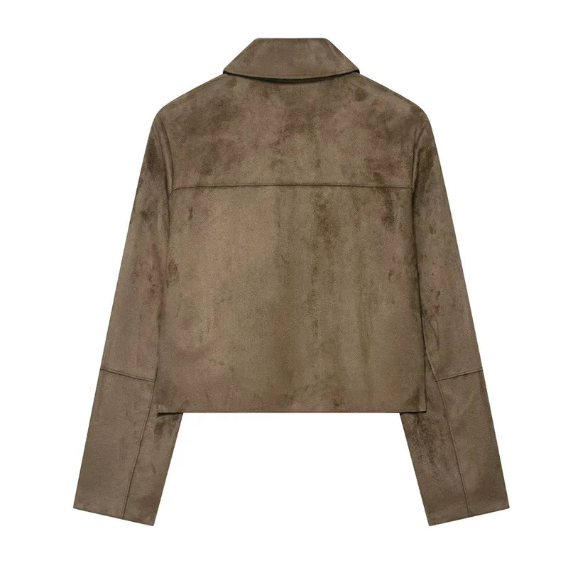 Hazel faux suede cropped jacket for women by Christine Brewer, shown in a stylish cropped fit with soft suede texture.