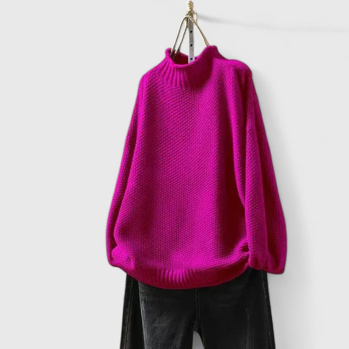 Christine Brewer Harmony knit sweater for women, soft and cozy with a stylish ribbed collar and long sleeves, perfect for casual wear.