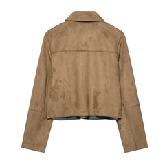 Hazel faux suede cropped jacket for women by Christine Brewer, shown in a stylish, close-up view highlighting the texture and design