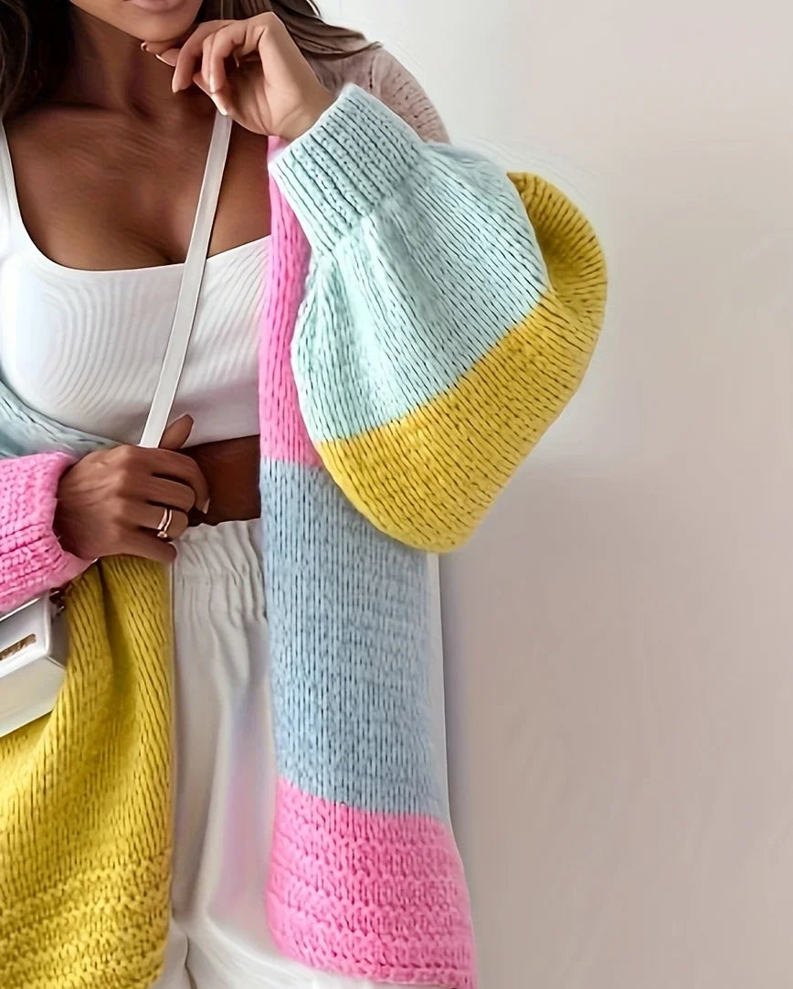 Nola | Knit Cardigan Sweater Color Block Patchwork Oversized Button Front V-Neck Women Winter Long