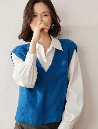 Christine Brewer Etta cashmere ribbed knit sweater vest for women, showcasing a cozy and stylish sleeveless knit design.