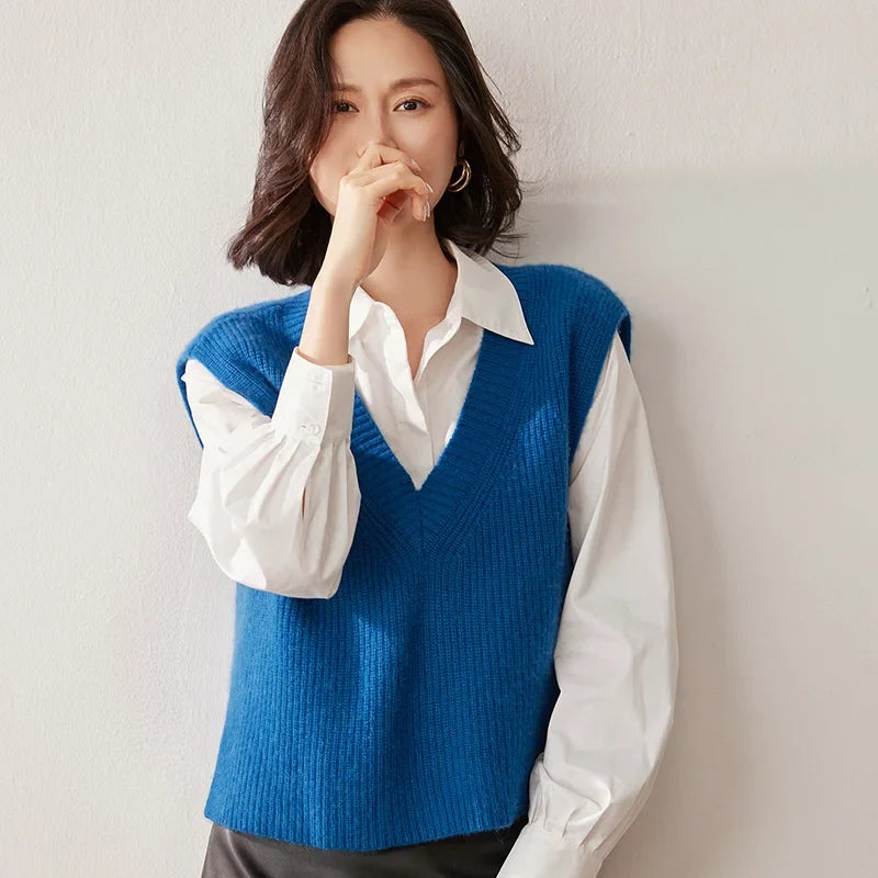 Christine Brewer Etta cashmere ribbed knit sweater vest for women, showcasing a cozy and stylish sleeveless knit design.