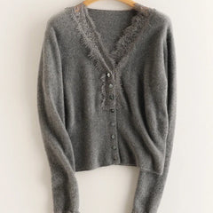Elsa cashmere cardigan for women by Christine Brewer, soft and cozy beige knit sweater with a relaxed fit.