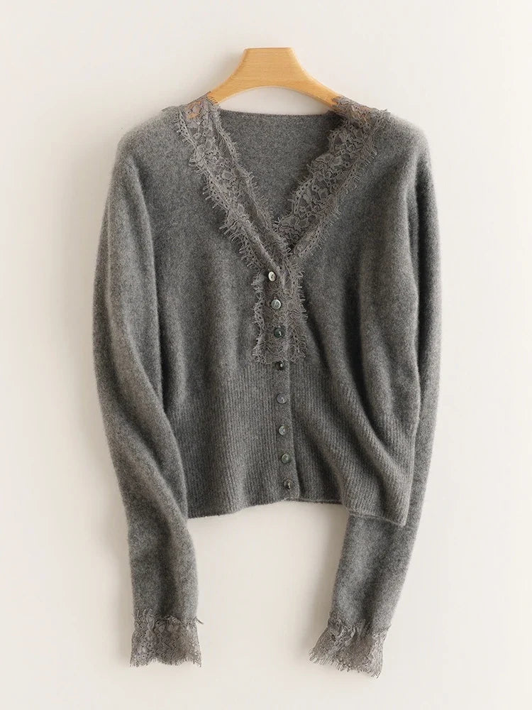 Elsa cashmere cardigan for women by Christine Brewer, soft and cozy beige knit sweater with a relaxed fit.