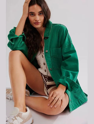 Charlotte oversized denim shirt jacket for women by Christine Brewer, featuring classic denim fabric and relaxed fit.