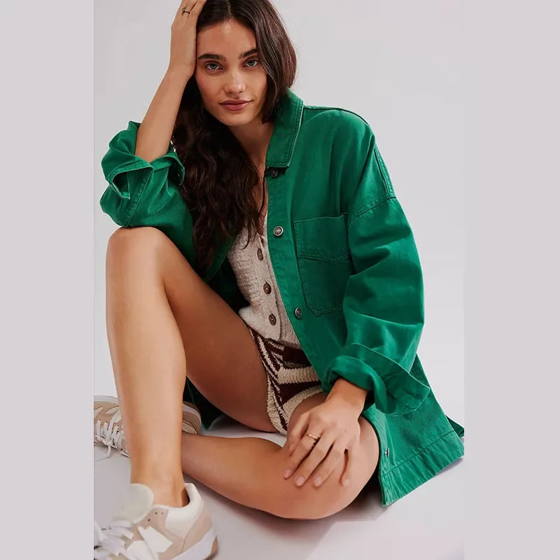 Charlotte oversized denim shirt jacket for women by Christine Brewer, featuring classic denim fabric and relaxed fit.