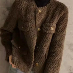 Cream velvet short jacket for women by Christine Brewer, shown on a model, featuring a stylish and elegant design.