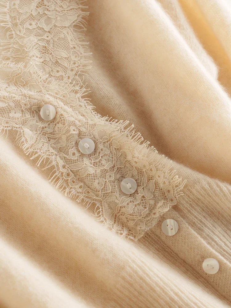 Elsa cashmere cardigan for women by Christine Brewer, soft, beige knit with a relaxed fit and button closure.