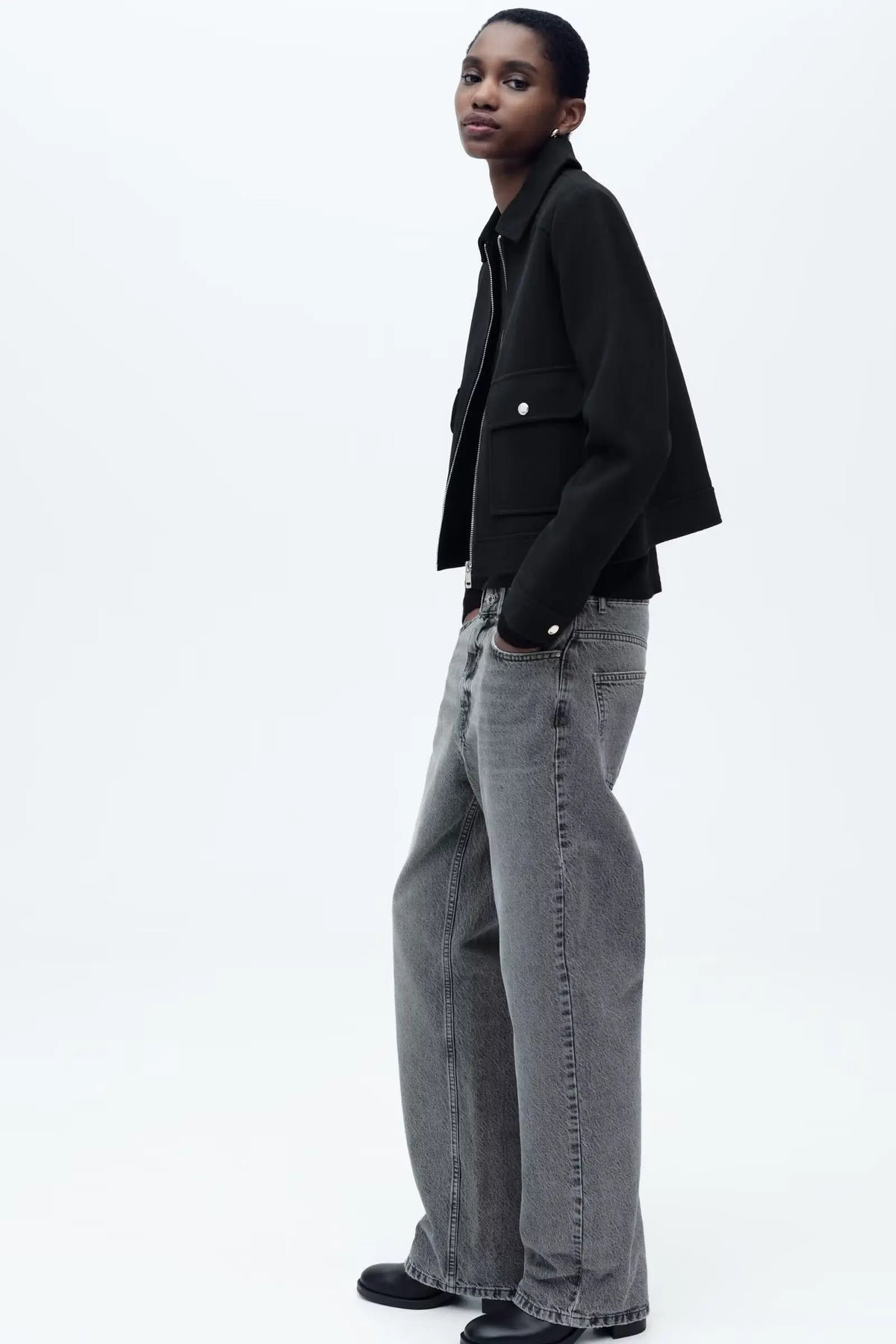 Christine Brewer Isla cropped zip-up utility jacket for women, featuring a stylish, functional design with multiple pockets and a zip closure.