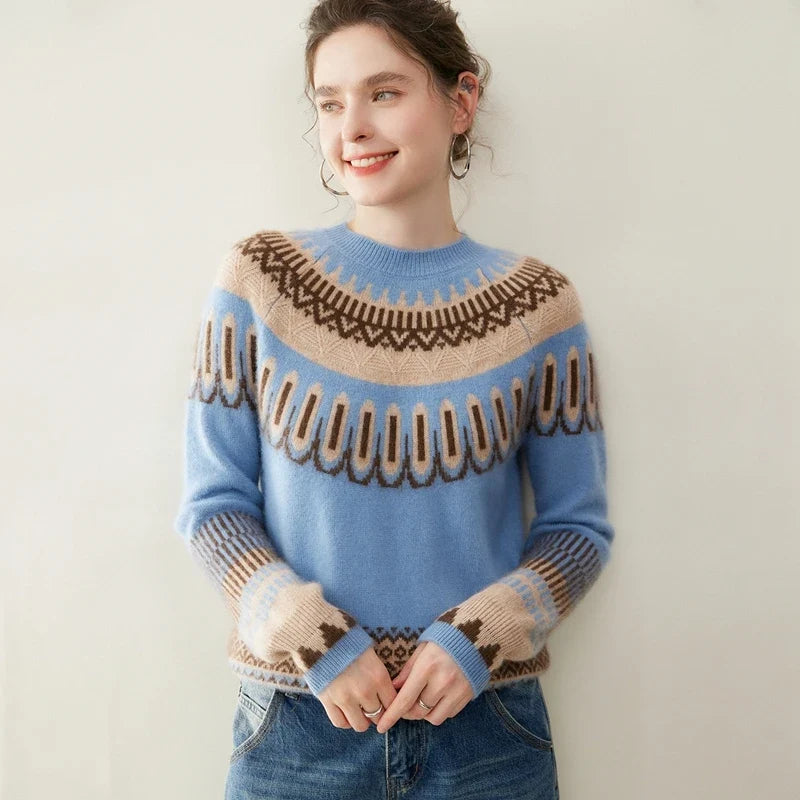 Christine Brewer Emory women's cashmere crew neck sweater in soft beige, featuring a classic fit and ribbed cuffs.