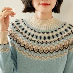 Christine Brewer Jolene cashmere mock neck sweater for women, soft beige knit, close-up of the cozy, stylish sweater fabric.