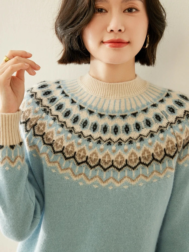 Christine Brewer Jolene cashmere mock neck sweater for women, soft beige knit, close-up of the cozy, stylish sweater fabric.