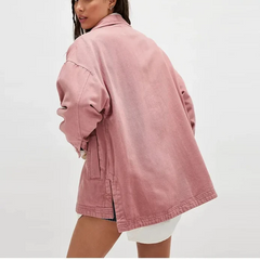 Charlotte oversized denim shirt jacket for women by Christine Brewer, featuring classic blue denim and button-front design.