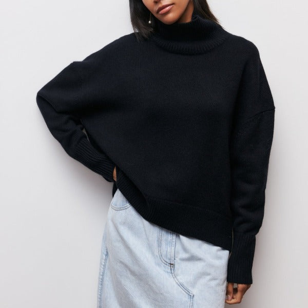 Iris women's turtleneck sweater by Christine Brewer in autumn colors, featuring a cozy fit and ribbed neckline.