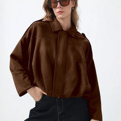 Willow oversized zip-up overshirt jacket for women by Christine Brewer, showing a relaxed fit with a front zipper and soft fabric.