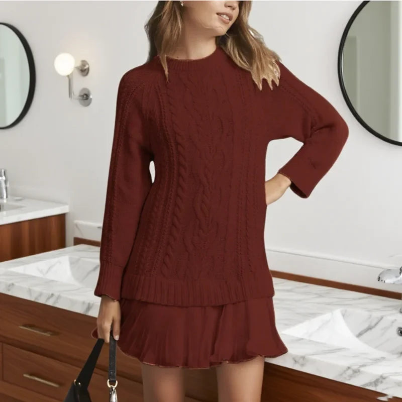 Christine Brewer Leslie knit sweater dress for women, featuring a cozy, stylish design with long sleeves and a fitted silhouette.