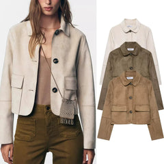 Hazel faux suede cropped jacket for women by Christine Brewer, shown in a stylish, fitted design with a soft suede texture.