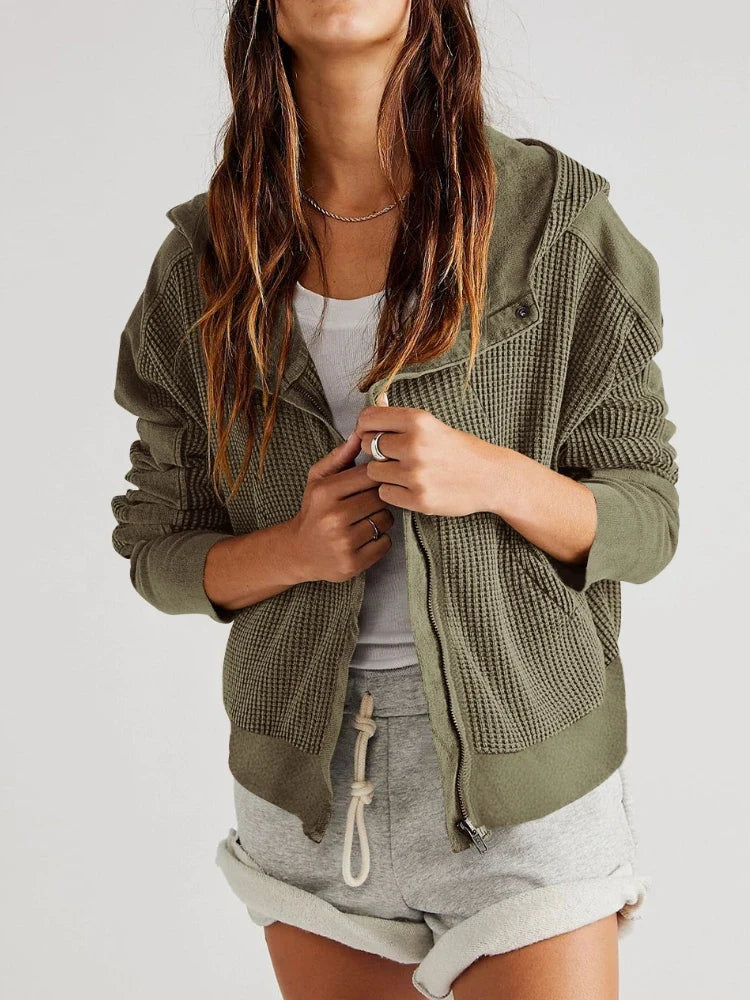 Mia cropped hooded hoodie for women by Christine Brewer, featuring a relaxed fit and drawstring hood in soft fabric.