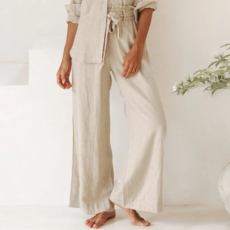 Christine Brewer linen wide-leg trousers for women, loose pull-on pants with a relaxed fit and lightweight fabric.