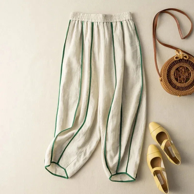 Women’s linen wide-leg elastic-waist trousers by Christine Brewer, loose pull-on pants with relaxed fit and breathable fabric.