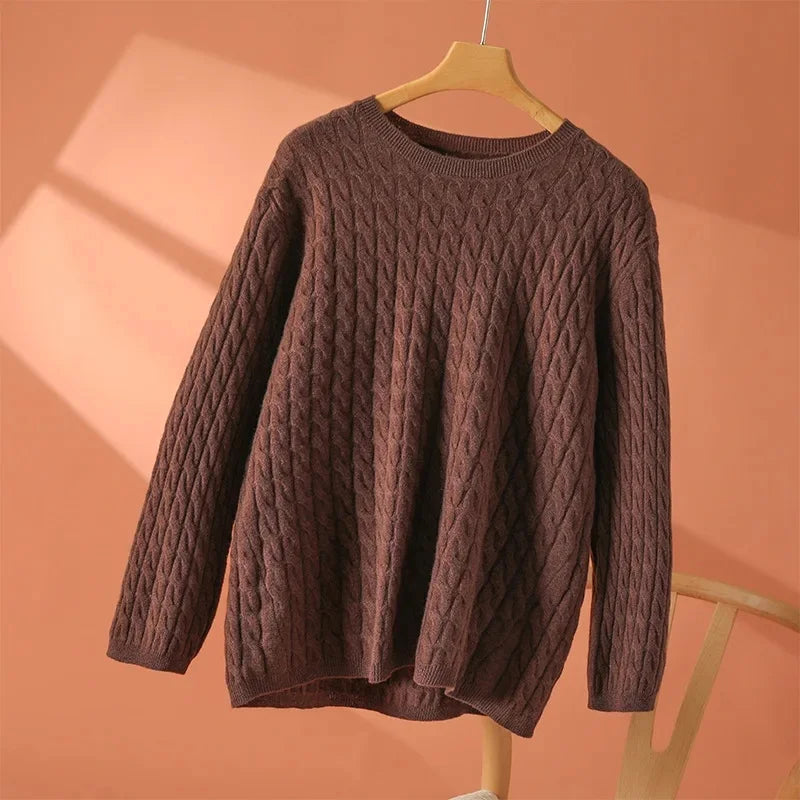 Cream-colored Juliana crew neck sweater for women by Christine Brewer, showcasing soft knit fabric and classic fit.
