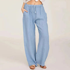 Women’s cotton linen wide-leg drawstring trousers by Christine Brewer, loose pull-on pants with comfortable, relaxed fit.