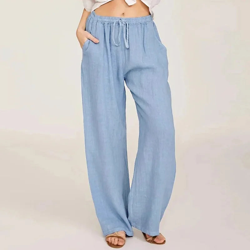 Women’s cotton linen wide-leg drawstring trousers by Christine Brewer, loose pull-on pants with comfortable, relaxed fit.