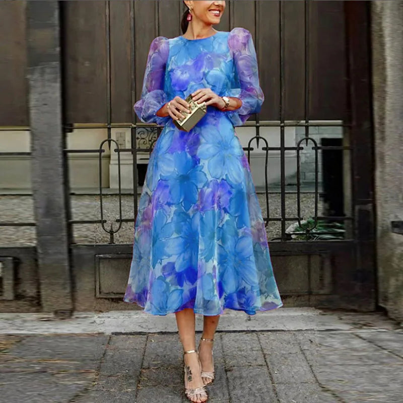 Blair | Wedding Guest Dress Midi Dress Women Floral Long Sleeve Formal Sheer Sleeve Garden