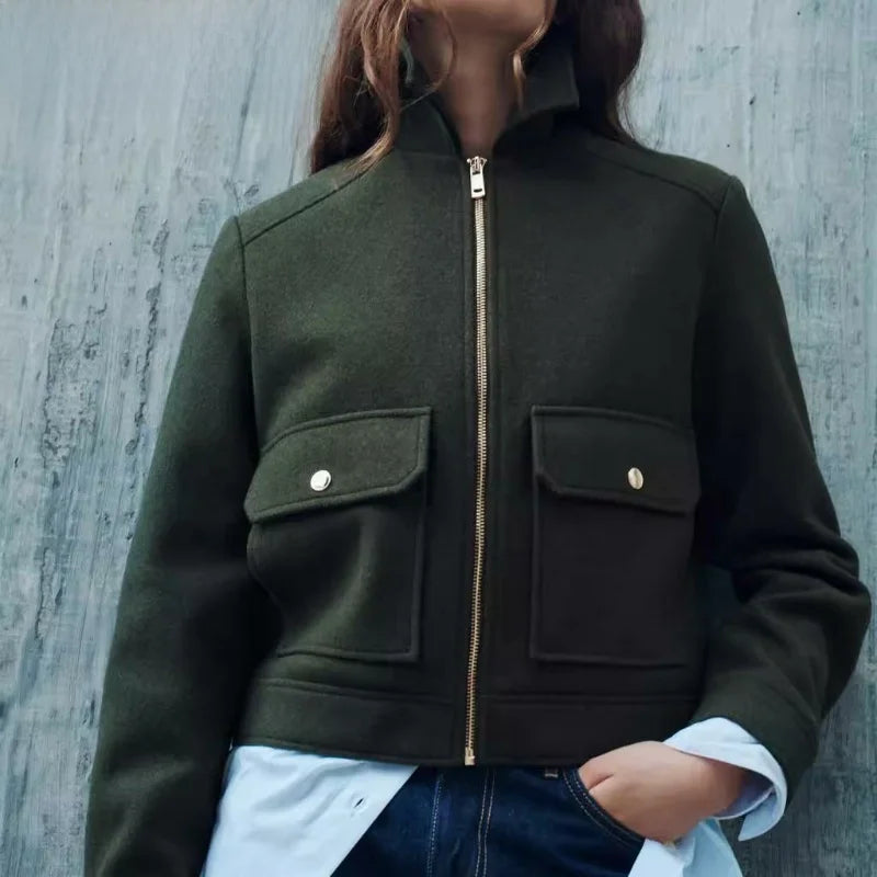 Christine Brewer Isla cropped zip-up utility jacket for women, showing its fitted style with multiple utility pockets and front zipper.