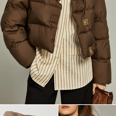 Hannah cropped quilted parka for women by Christine Brewer, shown in a stylish, lightweight winter coat with quilted pattern.