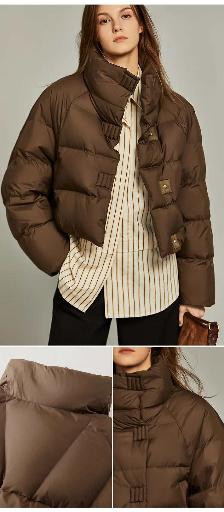 Hannah cropped quilted parka for women by Christine Brewer, shown in a stylish, lightweight winter coat with quilted pattern.