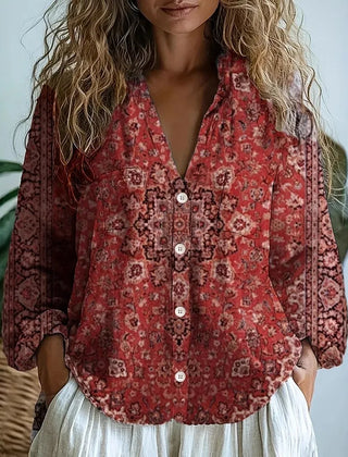Amelia graphic blouse for women by Christine Brewer, stylish tops with vibrant patterns and comfortable fit.