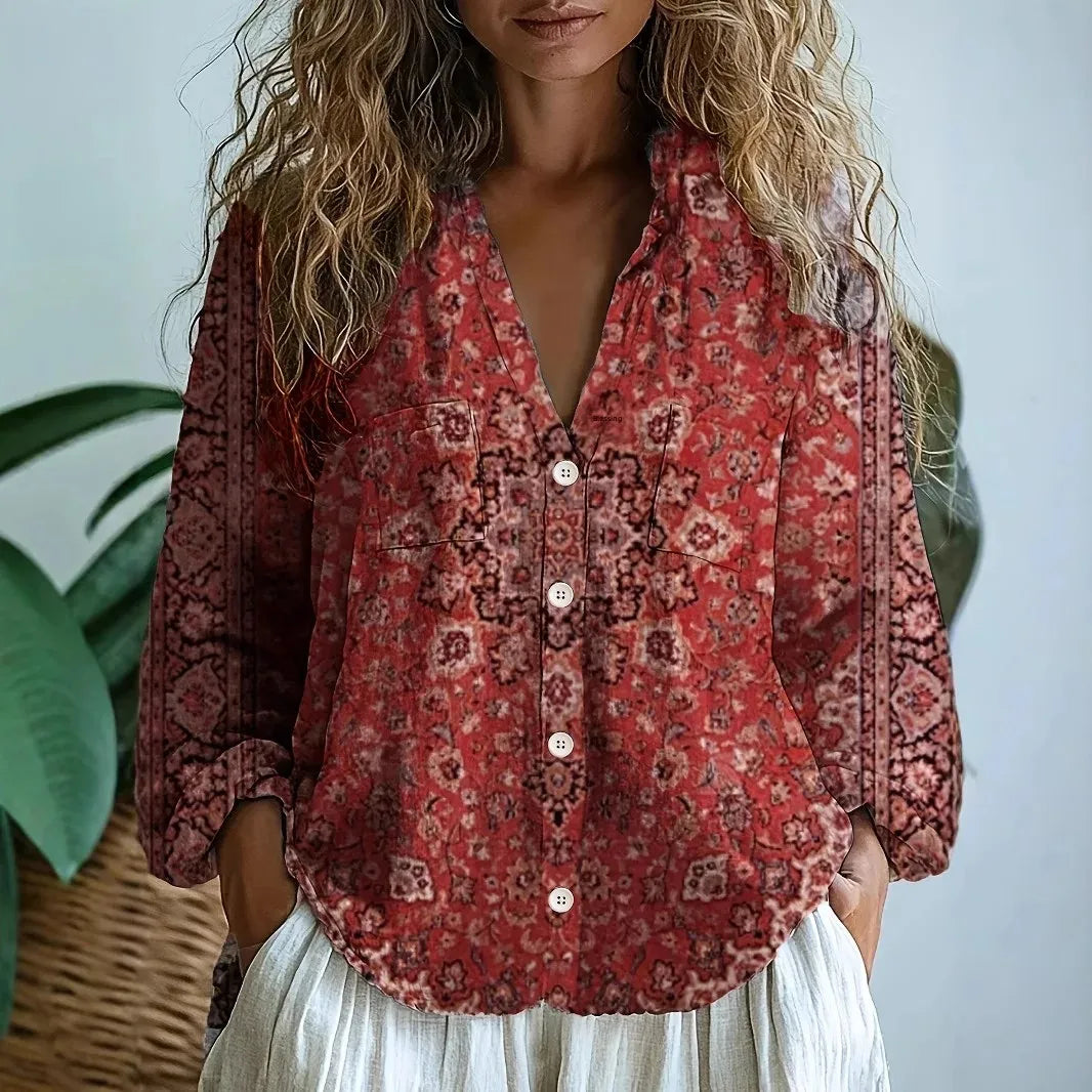 Amelia graphic blouse for women by Christine Brewer, stylish tops with vibrant patterns and comfortable fit.