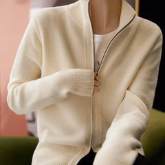 Women's wool zip-up cardigan by Christine Brewer featuring a classic jean-inspired design with a front zipper and cozy fit.